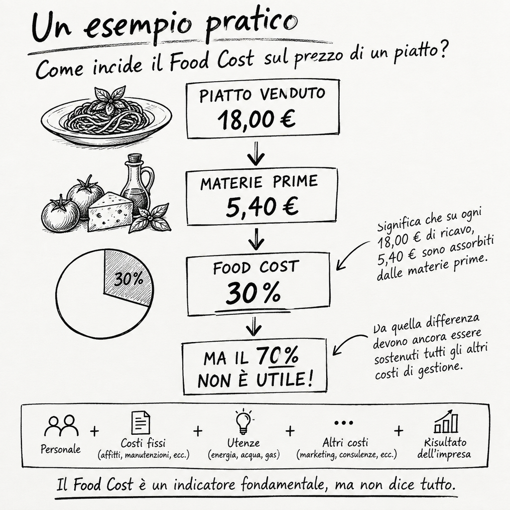 Esempio di calcolo del Food Cost di un ristorante: piatto a 18 euro, materie prime 5,40 euro e Food Cost del 30%.
